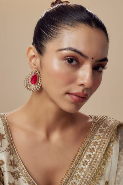 Gold and red kundan earrings