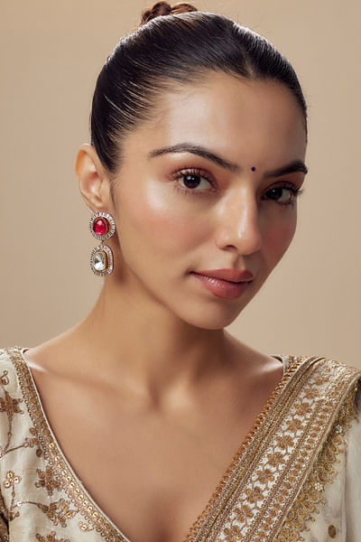 Gold and red kundan danglers