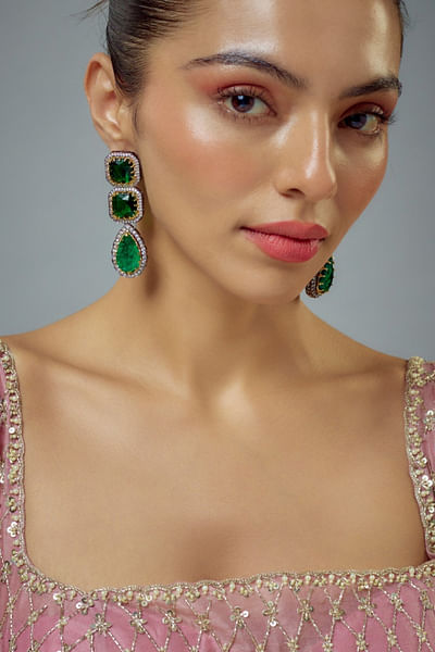Silver and green zircon embellished earrings