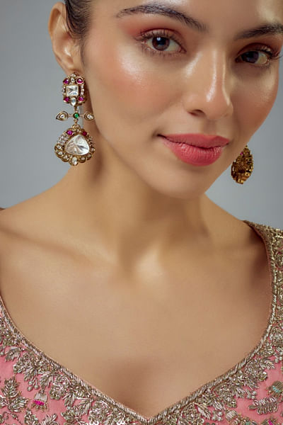 Multicolour kundan and zircon stone earrings