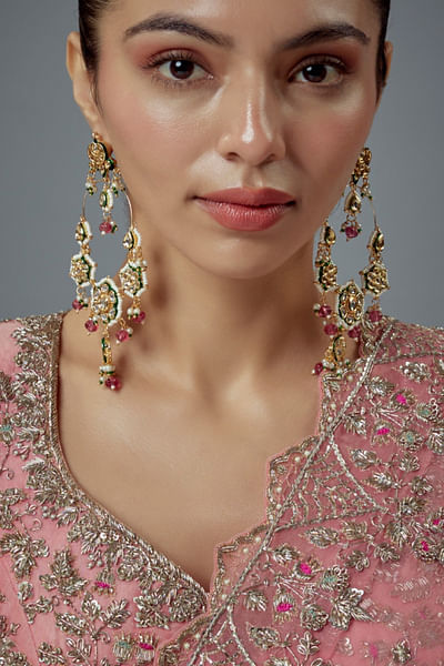 Gold pink kundan bead embellished chandbalis