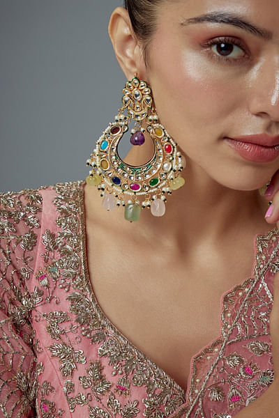 Multicolour gemstone and kundan chandbalis