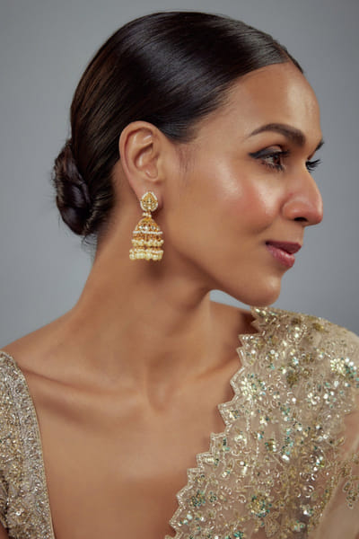 Gold and white kundan polki jhumkas