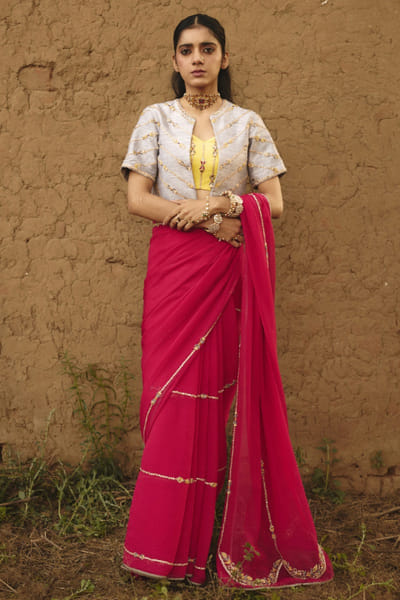 Rashika Mittal Yellow and silver embroidered cape-blouse set RASHJUN26D146600
