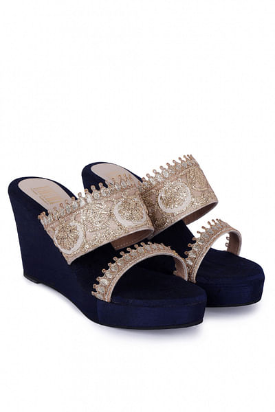Navy blue embroidered wedges