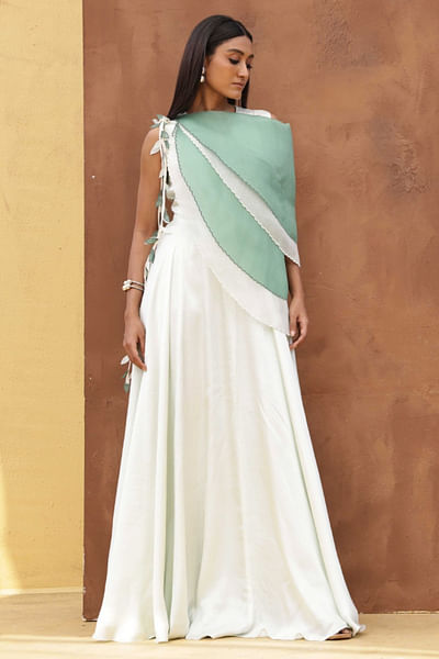 Mint green one-shoulder cape gown