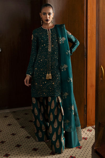 Emerald green polka foil printed kurta set