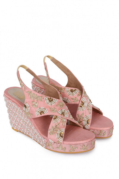 Peach embroidered wedges