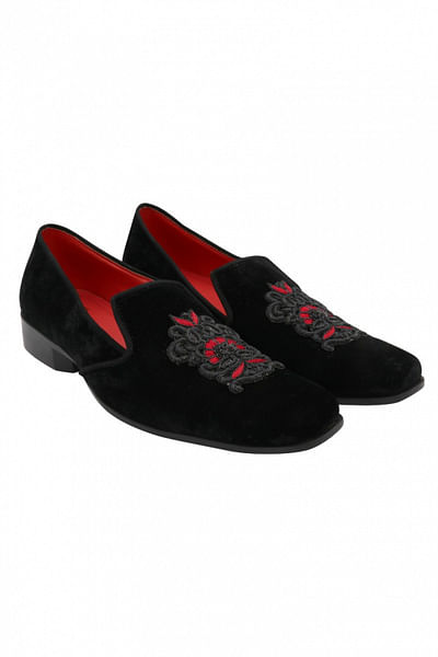 Black velvet embellished loafers