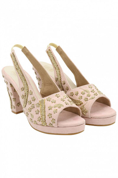 Pink embroidered peep-toe sandals