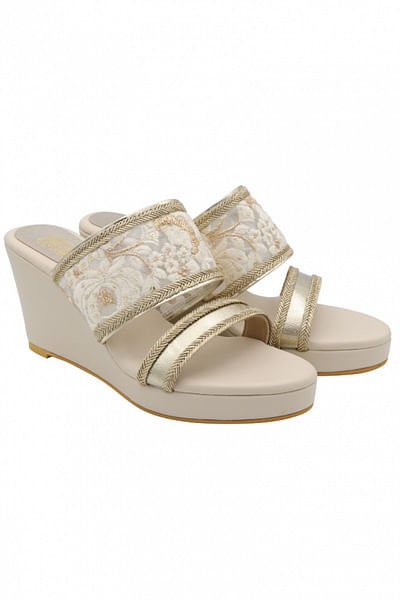 Cream and gold embroidered wedges