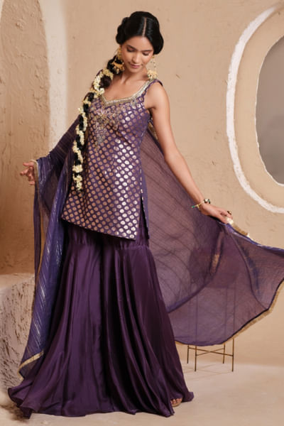 Violet brocade kurta gharara set