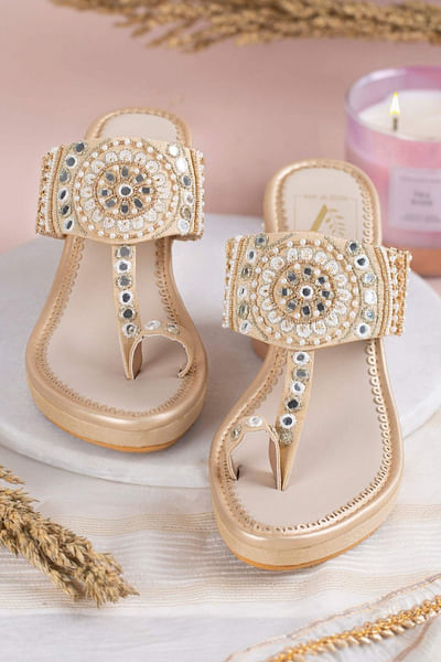 Gold embroidered wedges