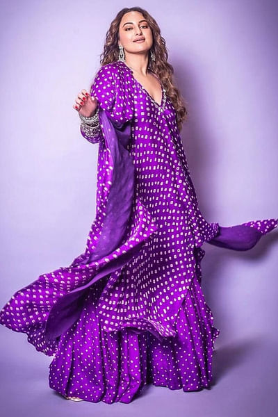 Purple bandhani asymmetric jacket skirt set