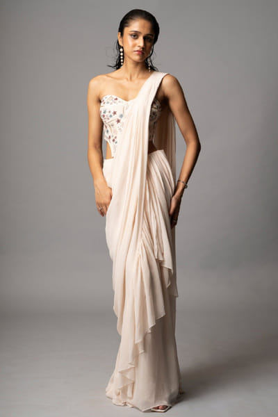 Ivory embroidered corset sari gown