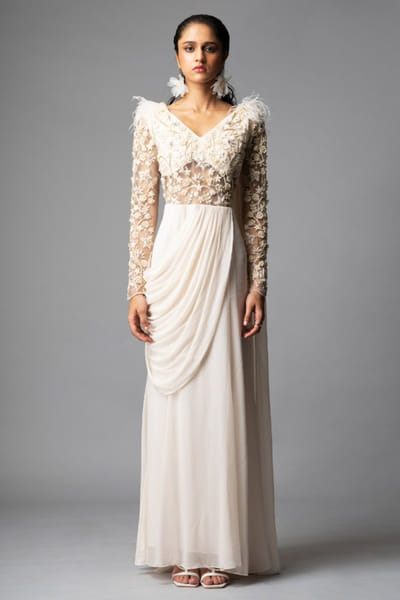 Ivory thread embroidered pre draped sari gown