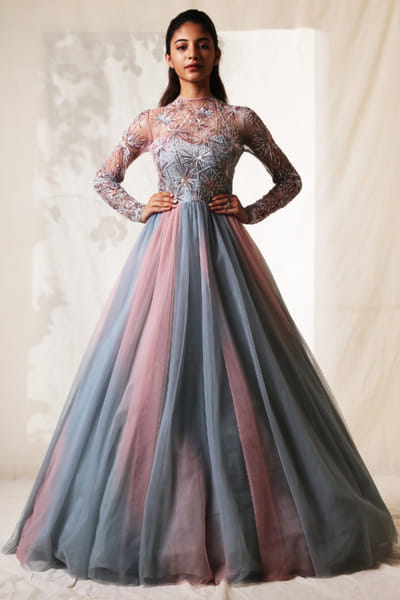 Pink and blue crystal embellished gown