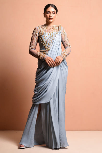 Frost blue crystal embellished sari gown