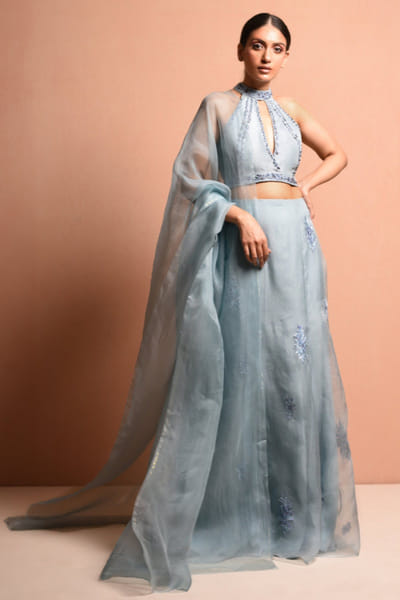 Frost blue resham embroidered lehenga set
