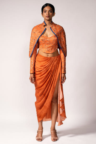 Orange sequin embroidered jacket skirt set