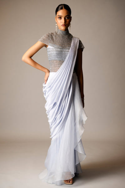 Frost blue bugle beads sari gown