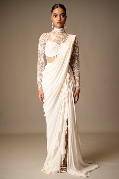 Ivory bead embroidered pre draped sari gown