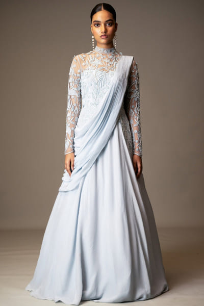 Frost blue bead embroidered sari gown