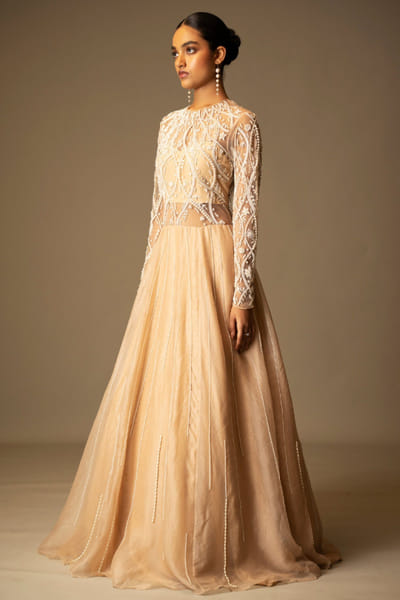 Beige pearl embellished sari gown