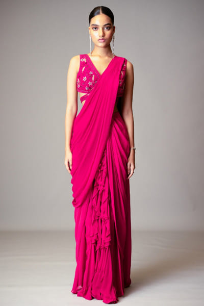Fuchsia pink zari embroidered sari