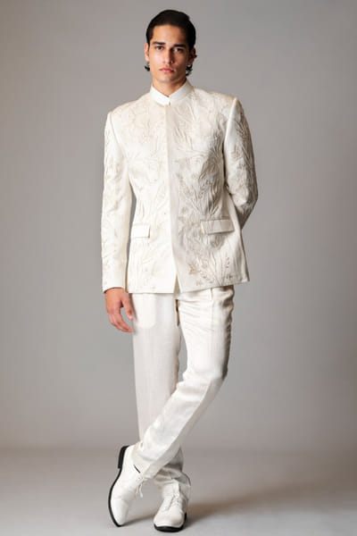 Ivory bead embroidered bandhgala set