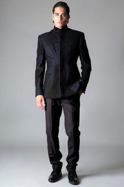 Black thread embroidered crepe bandhgala set