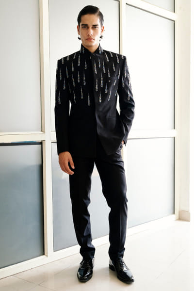 Black crystal embellished bandhgala set