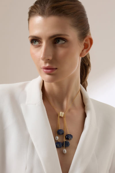 Blue agate and pearl chain necklace