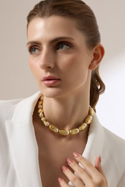Gold plated baroque pearl necklace