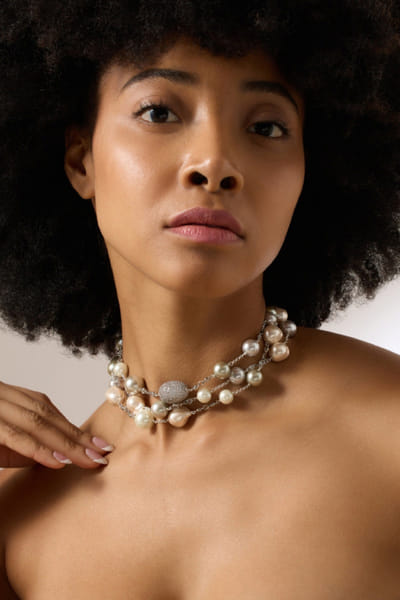 Silver baroque pearl layered choker