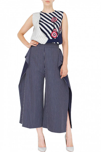 Stripe panelled top with embroidered culottes