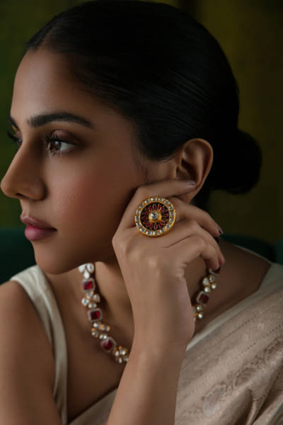 Red floral medallion enamel ring