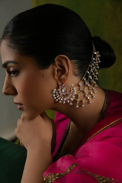 Gold and white pearl stone bridal ear chain