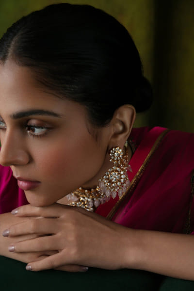 Pink and white polki danglers