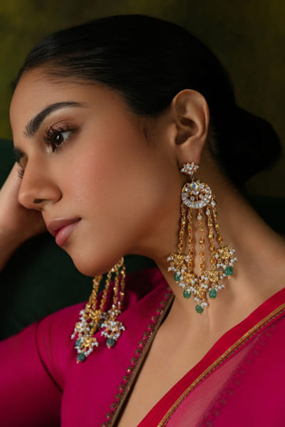 Gold cascading polki pearl danglers