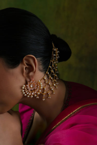 Gold pearl crescent chandbali studs