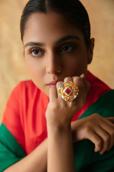 Varq Jewels Multicolour navratna polki ring VARFEB26D138132