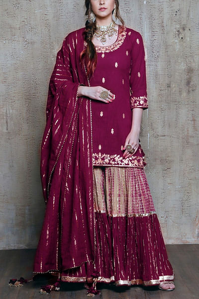 Wine embroidered kurta sharara set