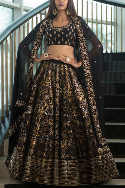 Black foil embroidered lehenga set