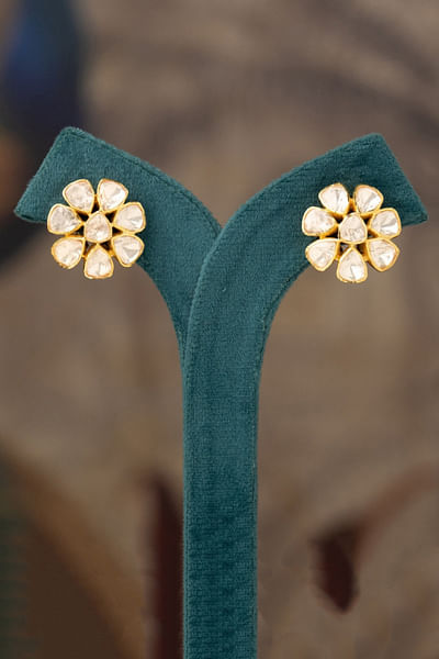 White polki embellished floral stud earrings