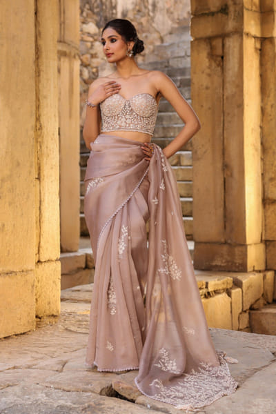 Taupe applique embroidered corset and sari set