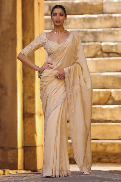 Beige applique and pearl embroidered sari set