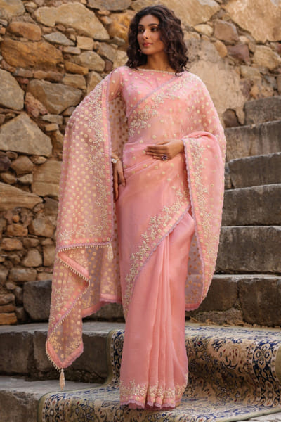 Pink aari dori and tikki embroidered sari set