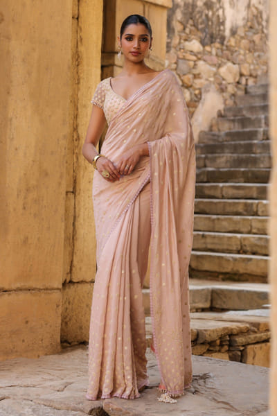 Pink aari dori and pearl embroidered sari set