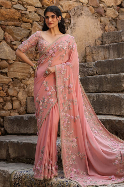 Pink 3D floral jaal embroidered sari set
